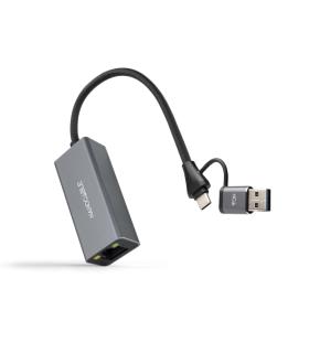 Nanocable Adaptador de Red USB-C + USB-A/M 3.0 a Ethernet Gigabit 10/100/1000 Mbps - 15 cm - Color Gris