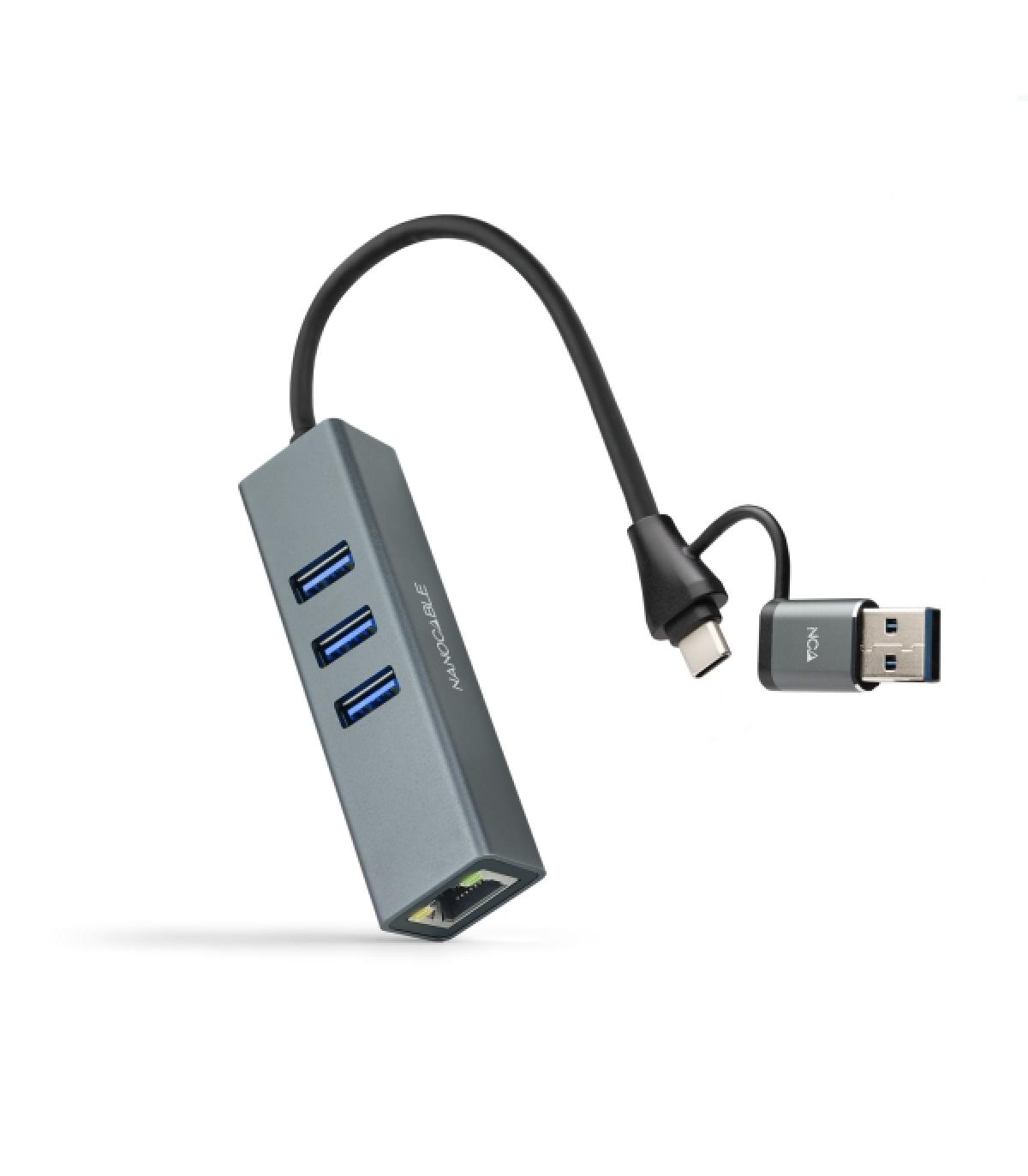 Nanocable Adaptador de Red USB-C + USB-A/M 3.0 a Ethernet Gigabit 10/100/1000 Mbps + Hub 3xUSB-A 3.0 - 15 cm - Color Gris