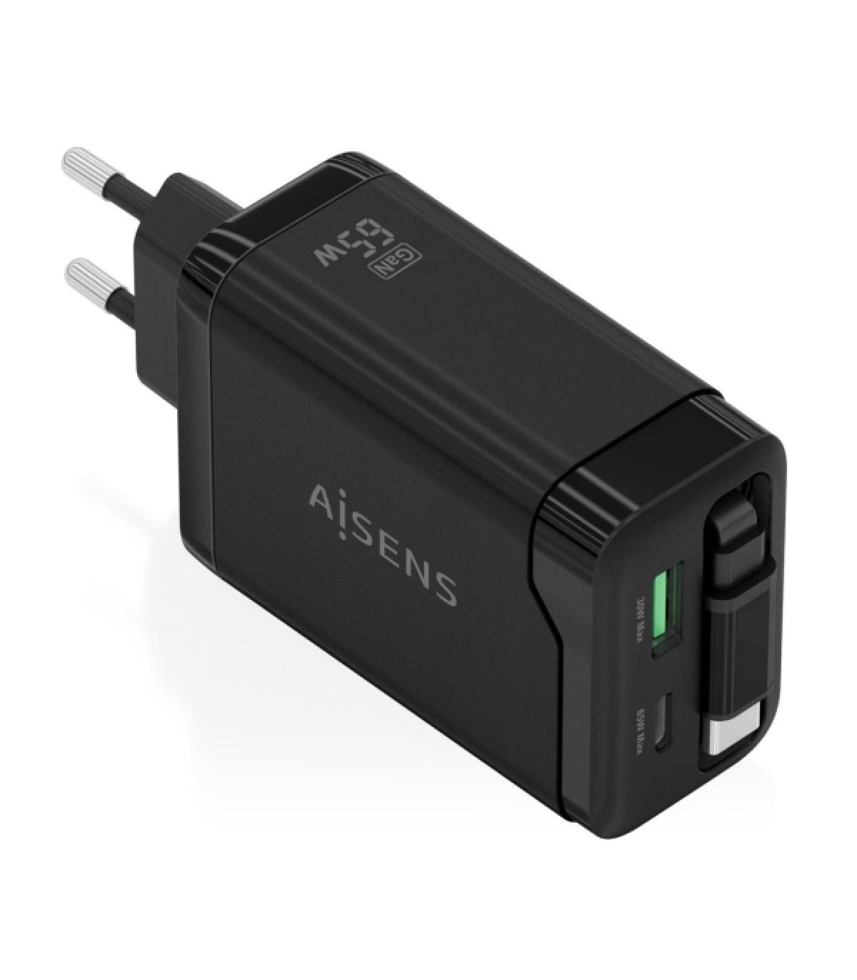 Aisens Cargador GAN 65W - 1xUSB-C PD3.0 y 1xUSB-A QC3.0 + Cable USB-C Retractil - Color Negro