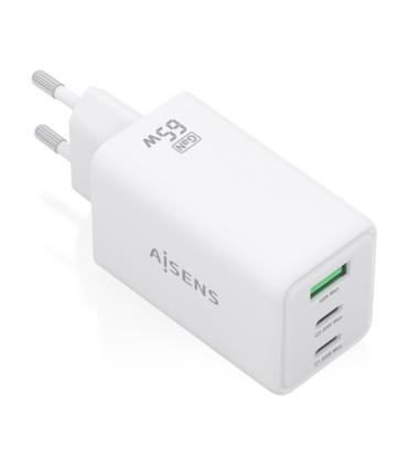 Aisens Cargador GAN 65W - 2xUSB-C PD3.0 QC4.0 y 1xUSB-A QC3.0 - Color Blanco