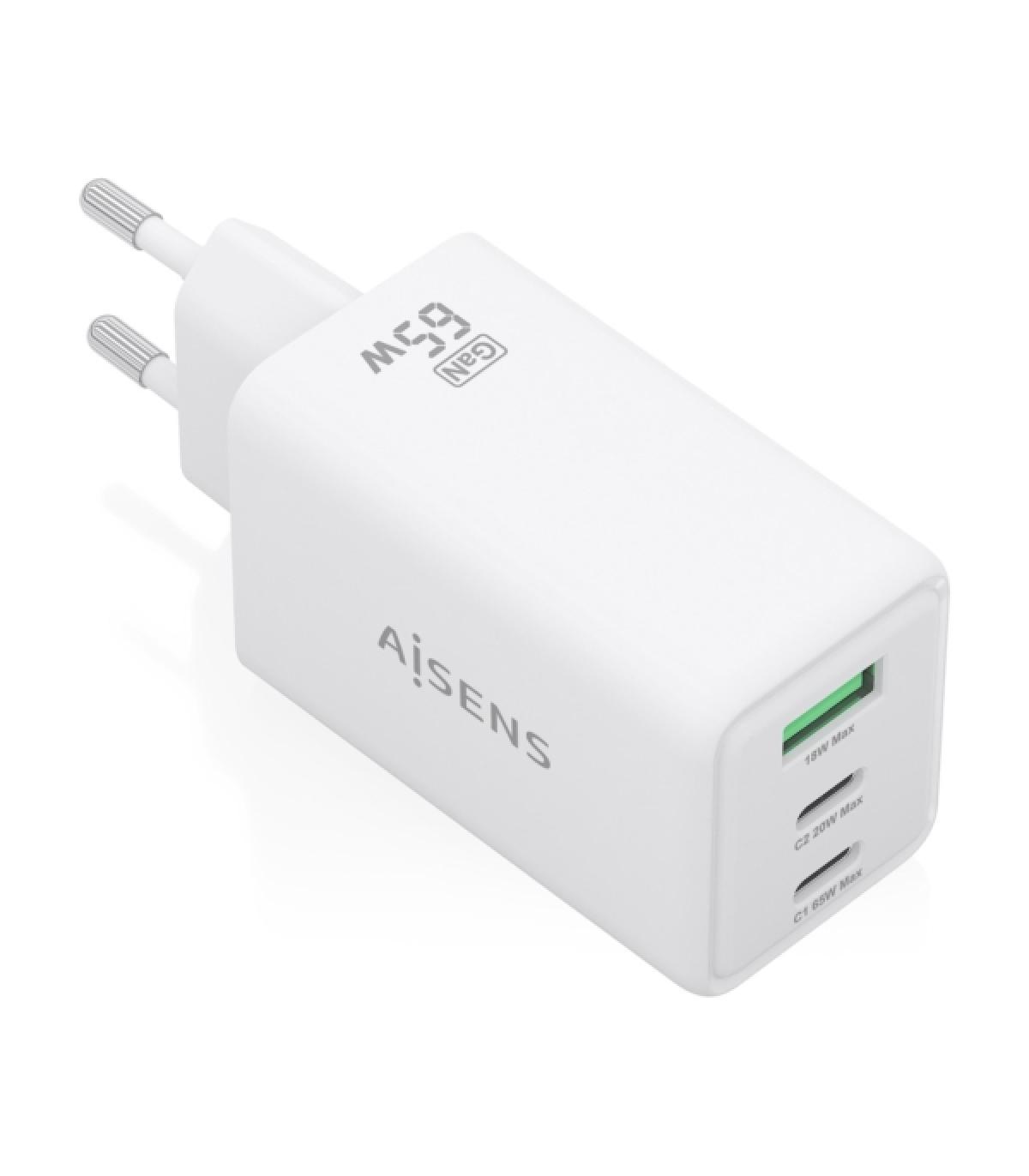 Aisens Cargador GAN 65W - 2xUSB-C PD3.0 QC4.0 y 1xUSB-A QC3.0 - Color Blanco