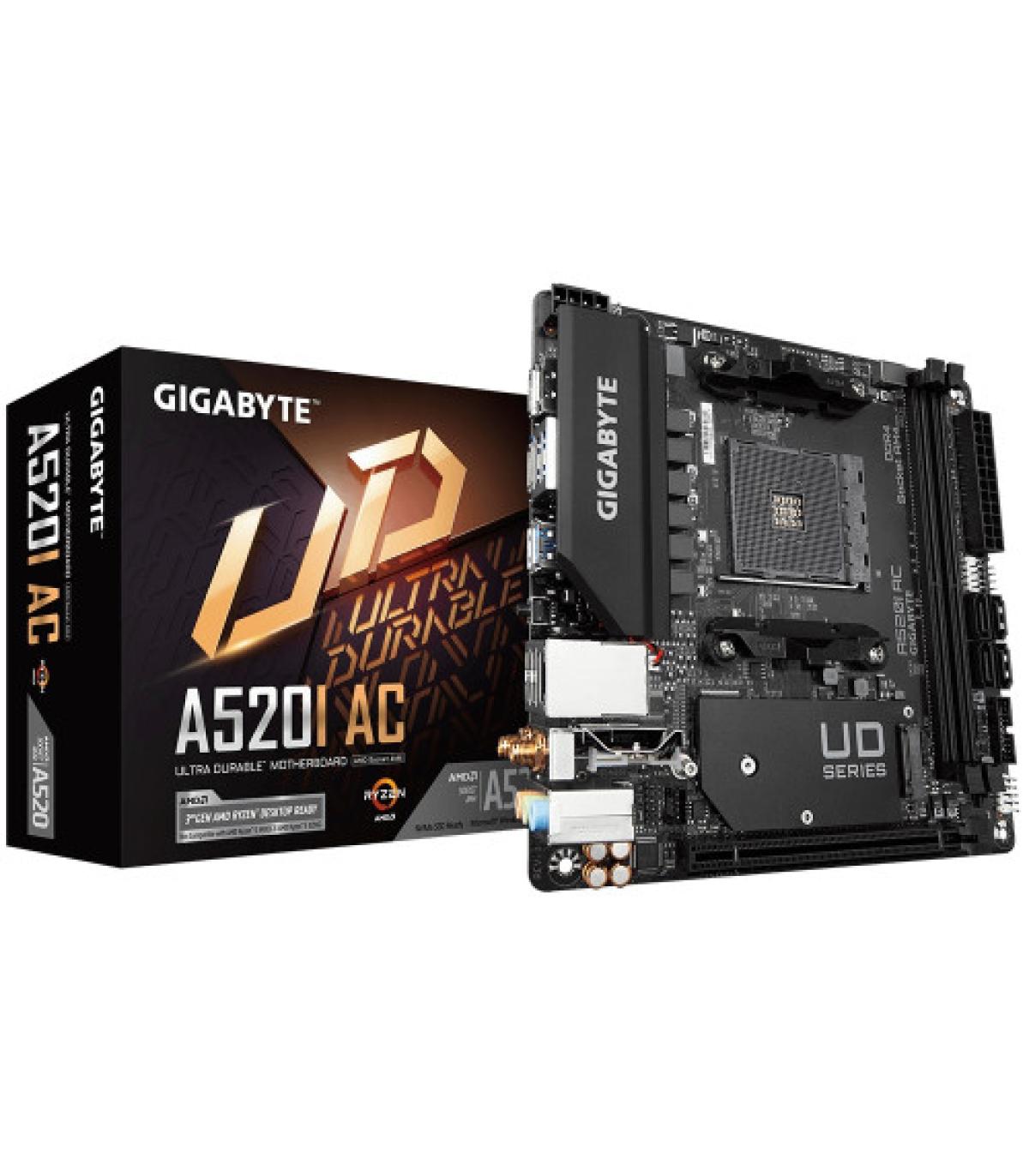 PLACA GIGABYTE A520I AC,AMD,AM4,A520,2DDR4,64GB,DP+2HDMI,GBLAN+WIFIAC+BT4.2,4SATA6+1M.2,2USB3.2,MINI-ITX