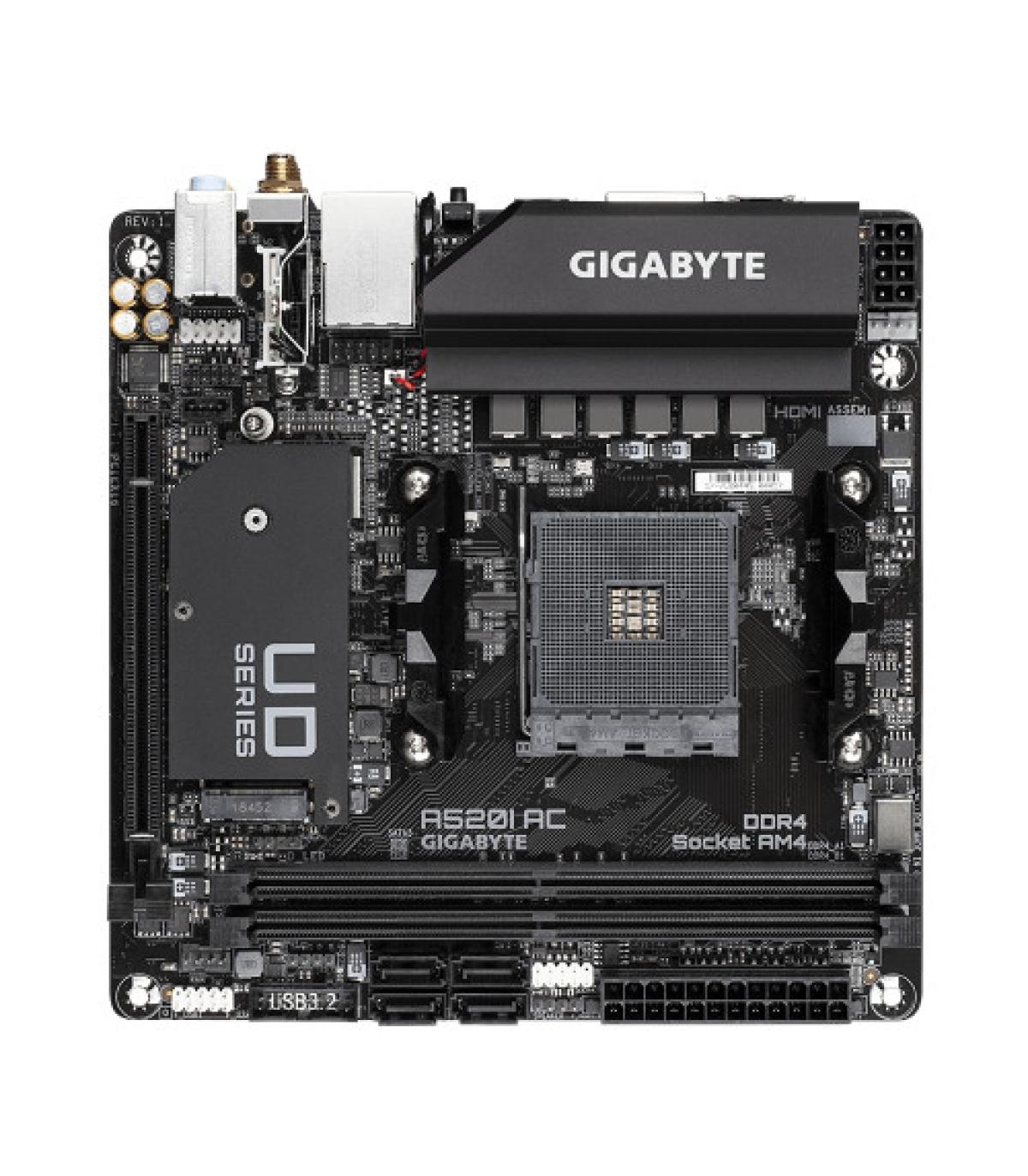 PLACA GIGABYTE A520I AC,AMD,AM4,A520,2DDR4,64GB,DP+2HDMI,GBLAN+WIFIAC+BT4.2,4SATA6+1M.2,2USB3.2,MINI-ITX
