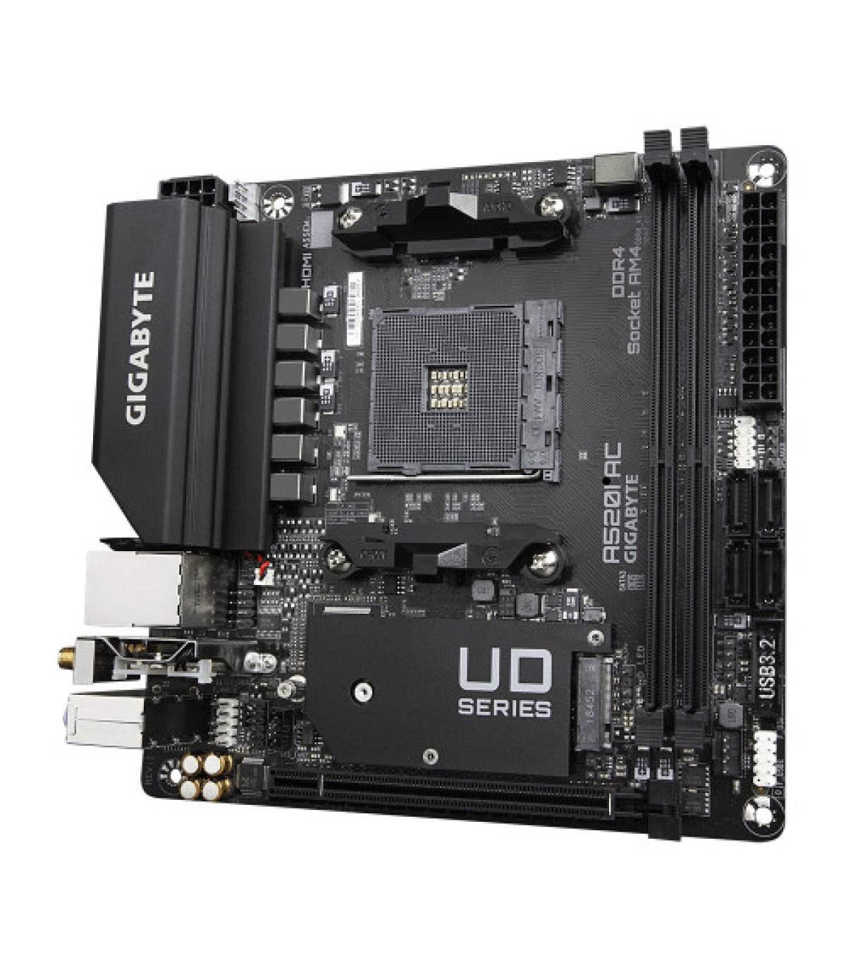 PLACA GIGABYTE A520I AC,AMD,AM4,A520,2DDR4,64GB,DP+2HDMI,GBLAN+WIFIAC+BT4.2,4SATA6+1M.2,2USB3.2,MINI-ITX
