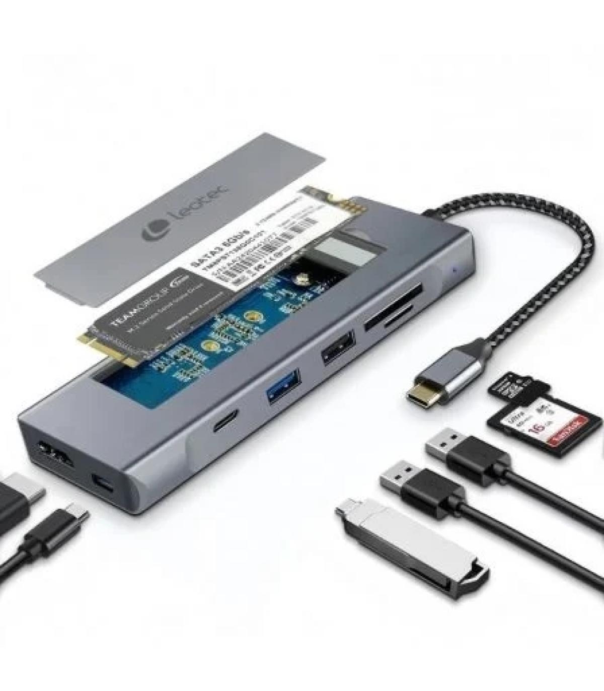 Leotec LEDS07 Docking Station USB C 8 en 1 con Ranura SSD M.2 - HDMI 4K - Power Delivery 100W - USB 3.2 y USB C 10Gbps - Lector.