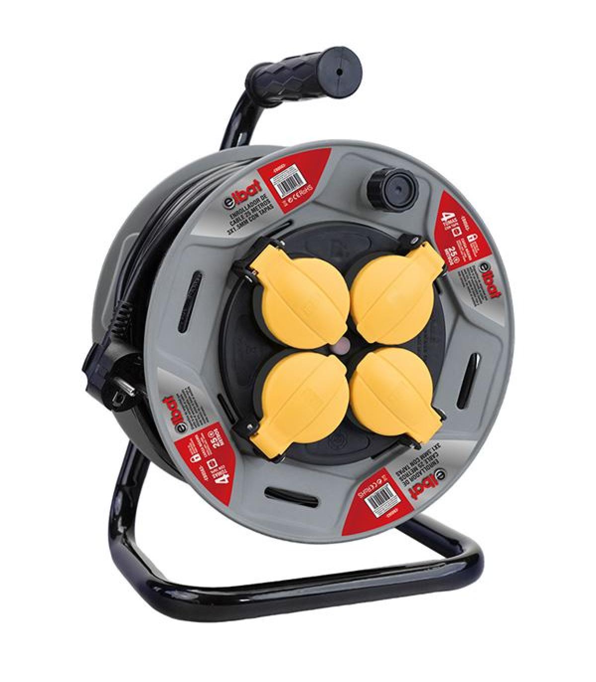 Elbat Enrollador Alargador con Proteccion Termica - 4 Shukos - Carga Maxima Enrollado 1100W, Desenrollado 3200W - Cable de 25m