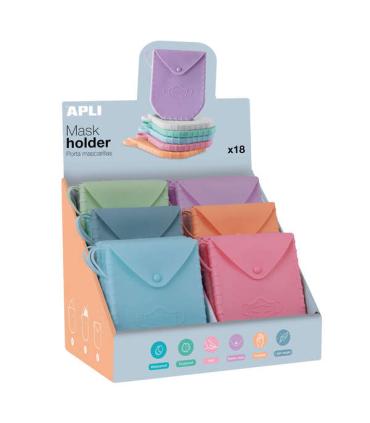 Apli Expositor de Porta Mascarillas de Silicona - 140x110x1.5 mm - Textura Suave - 18 Fundas de Diferentes Colores - Cierre..