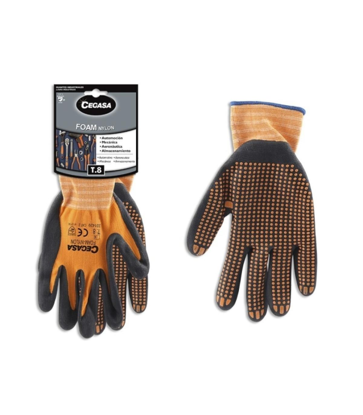 Cegasa Guantes de Trabajo Talla 8 - Fabricados en Nylon con Recubimiento de Foam con Dots de Nitrilo en Palma - Color Negro/Nara