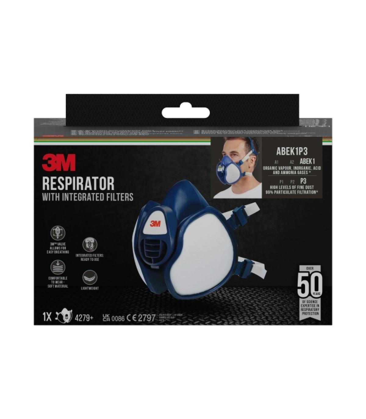 3M Mascarilla de Media Cara - Filtros Integrados - Proteccion Combinada - Reutilizable - Color Azul/Blanco