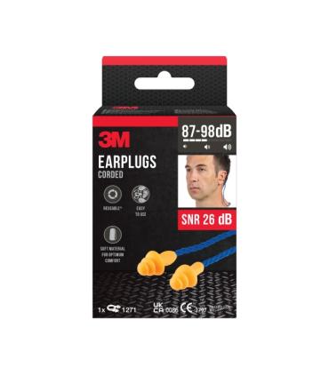 3M Tapones para Oidos con Cordon - Forma de Tres Anillos - Reutilizables - Lavables - SNR 26dB - Color Naranja