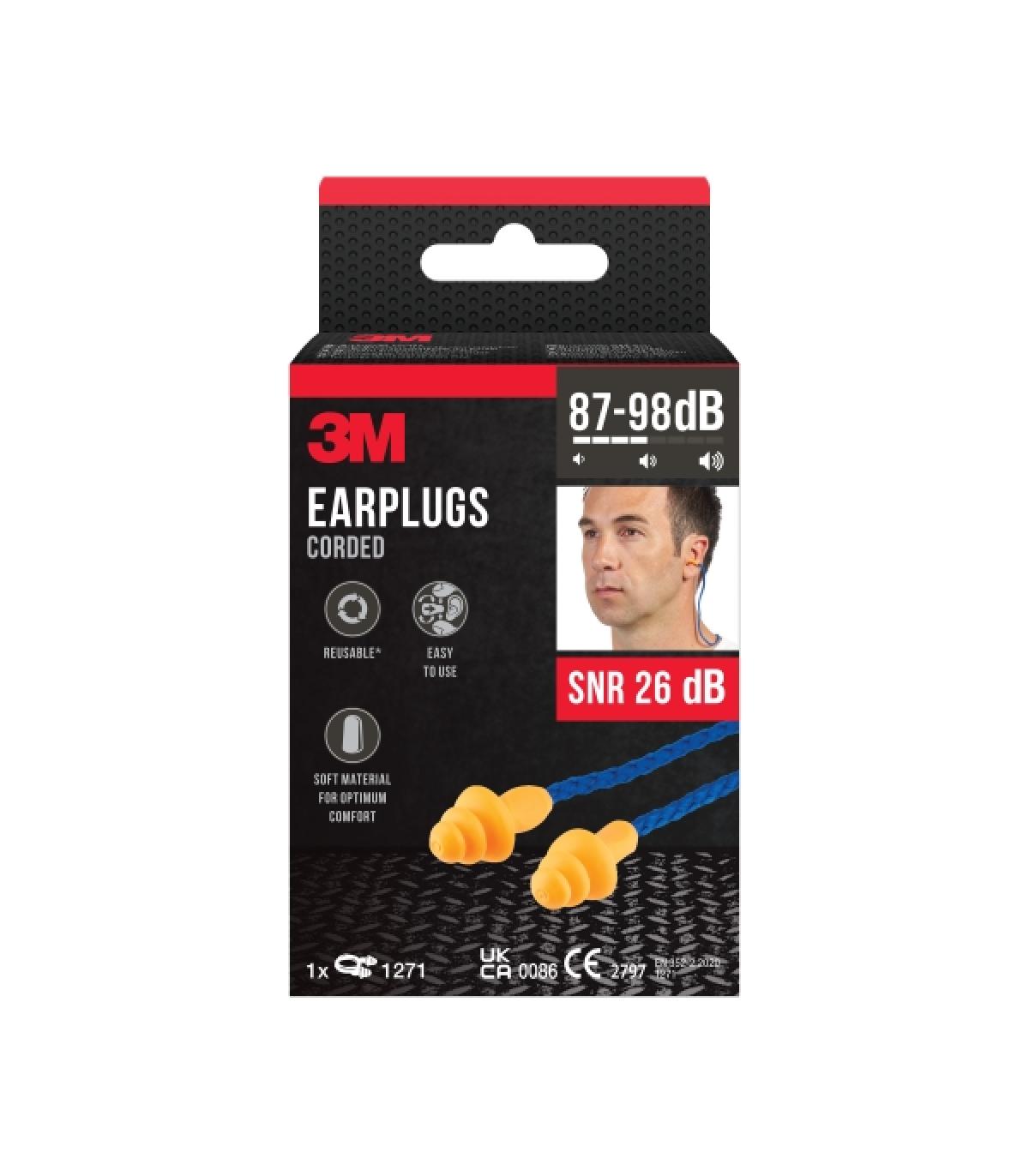 3M Tapones para Oidos con Cordon - Forma de Tres Anillos - Reutilizables - Lavables - SNR 26dB - Color Naranja