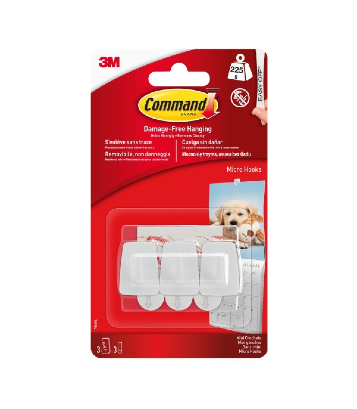 Command Mini Pack de 3 Ganchos - 3 Tiras Adhesivas - Soportan hasta 225G - Color Blanco
