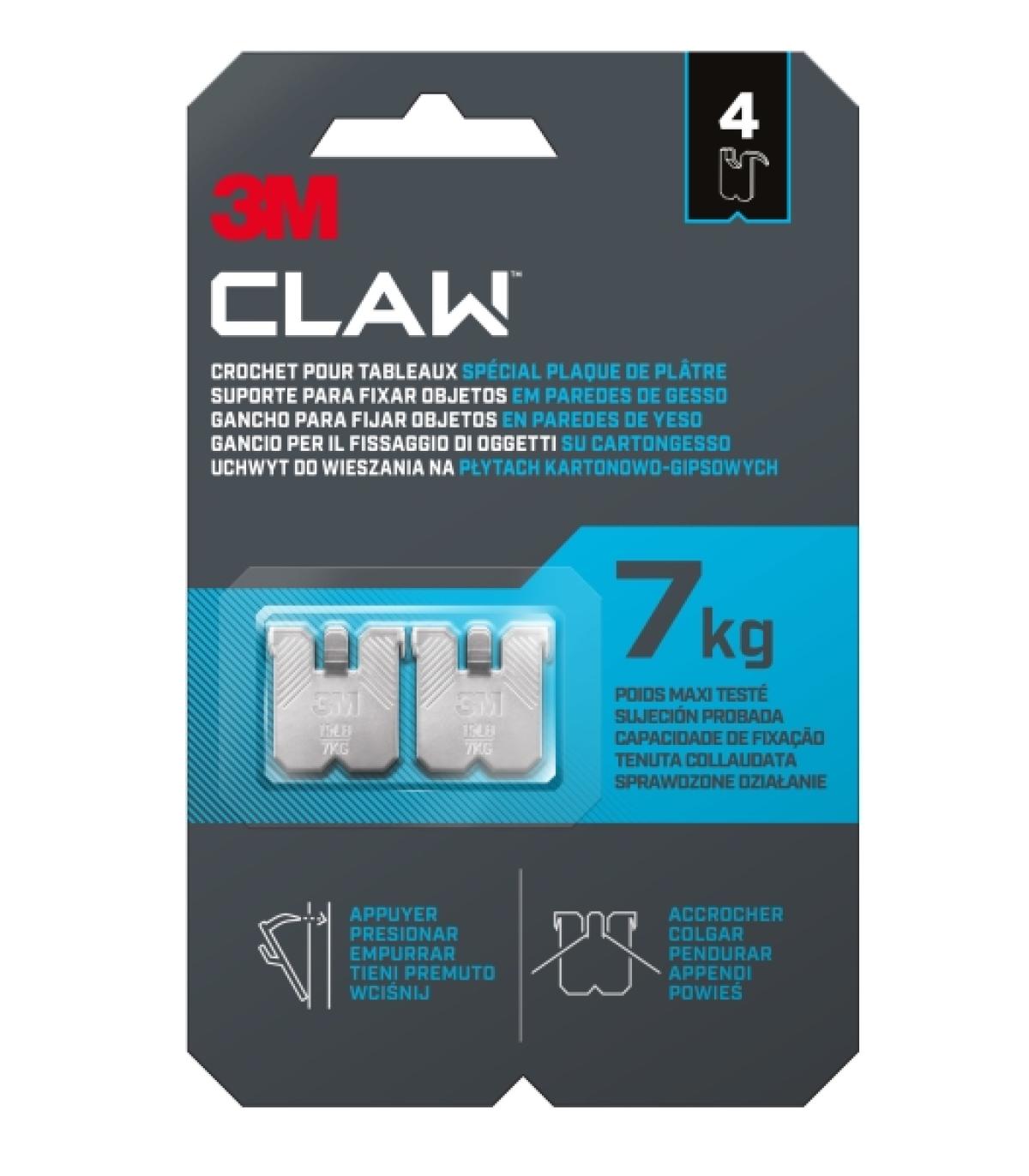 3M Claw Pack de 4 Ganchos de Metal para Paredes de Yeso - Soporta hasta 7kg - Color Gris/Titanio