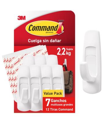 Command Pack de 7 Ganchos Grandes - 12 Tiras Adhesivas - Soporta hasta 2.2kg - Color Blanco