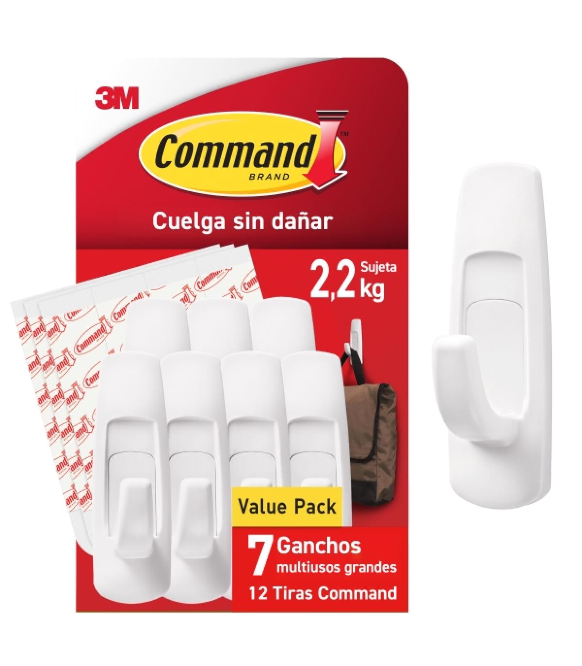 Command Pack de 7 Ganchos Grandes - 12 Tiras Adhesivas - Soporta hasta 2.2kg - Color Blanco