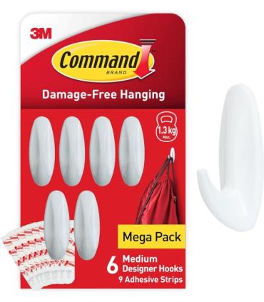 Command Pack de 6 Ganchos de Diseño Medianos - 9 Tiras Adhesivas - Soportan hasta 1.3kg - Color Blanco