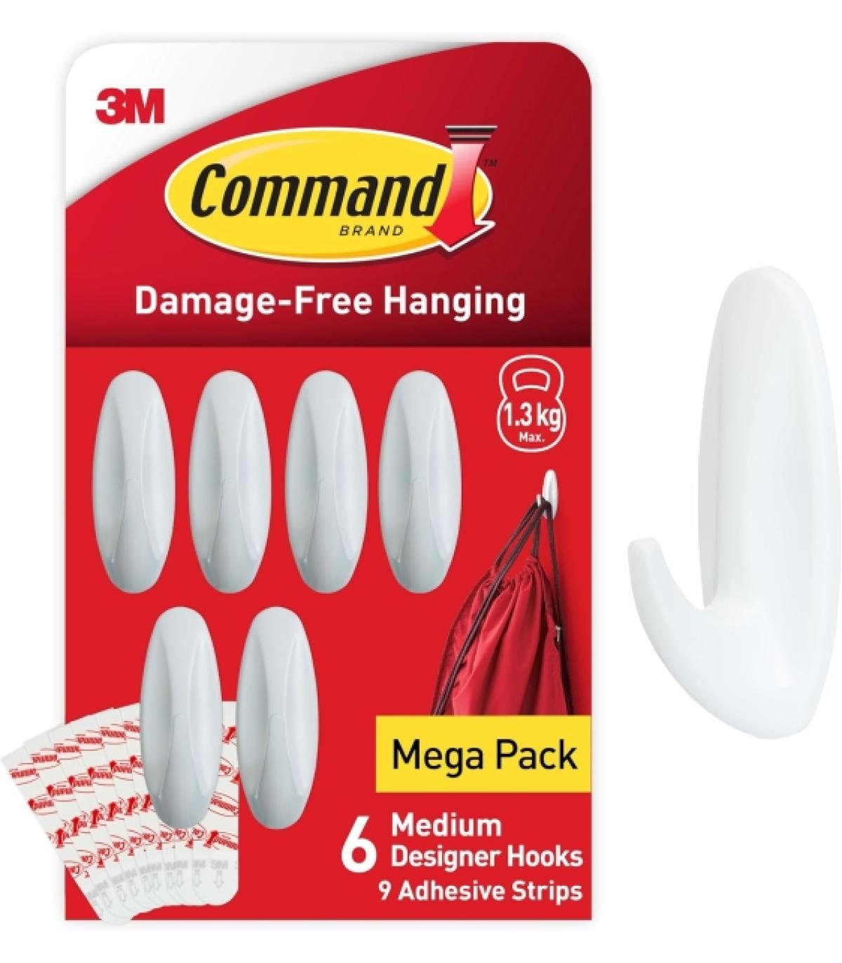 Command Pack de 6 Ganchos de Diseño Medianos - 9 Tiras Adhesivas - Soportan hasta 1.3kg - Color Blanco