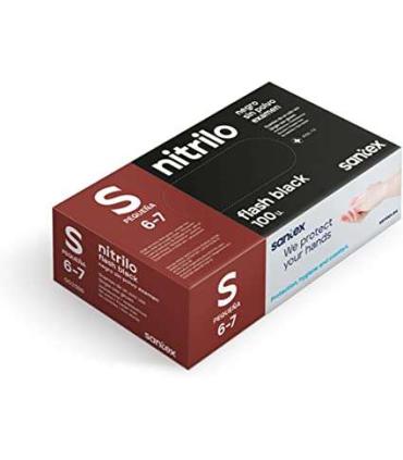 Santex Flash Black Pack de 100 Guantes de Nitrilo Talla S - 6 gramos - Sin Polvo - Libre de Latex - No Esteriles - Color Negro