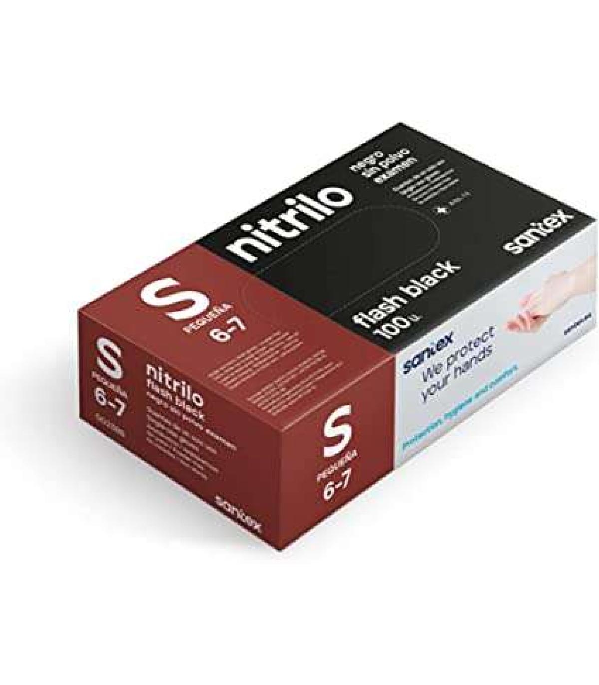 Santex Flash Black Pack de 100 Guantes de Nitrilo Talla S - 6 gramos - Sin Polvo - Libre de Latex - No Esteriles - Color Negro