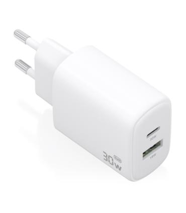Aisens Cargador GaN 30W - 1xUSB-C PD3.0 QC4.0 - 1xUSB-A QC3.0 - Tecnologia AI - Color Blanco