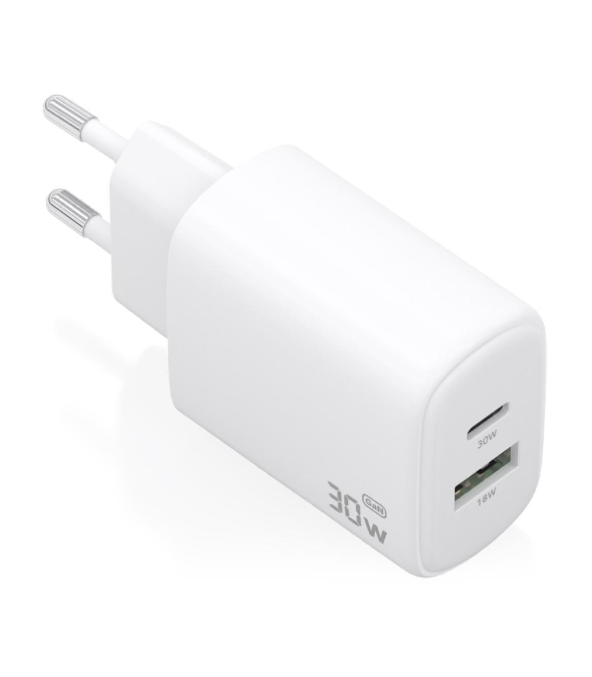 Aisens Cargador GaN 30W - 1xUSB-C PD3.0 QC4.0 - 1xUSB-A QC3.0 - Tecnologia AI - Color Blanco