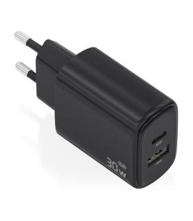 Aisens Cargador GaN 30W - 1xUSB-C PD3.0 QC4.0 - 1xUSB-A QC3.0 - Tecnologia AI - Color Negro