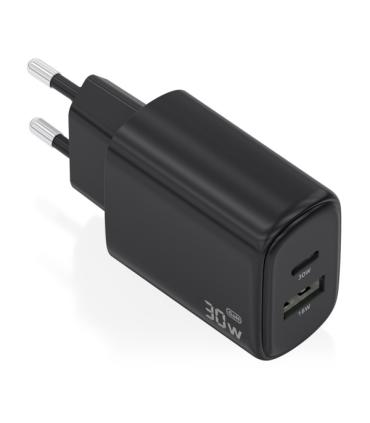 Aisens Cargador GaN 30W - 1xUSB-C PD3.0 QC4.0 - 1xUSB-A QC3.0 - Tecnologia AI - Color Negro
