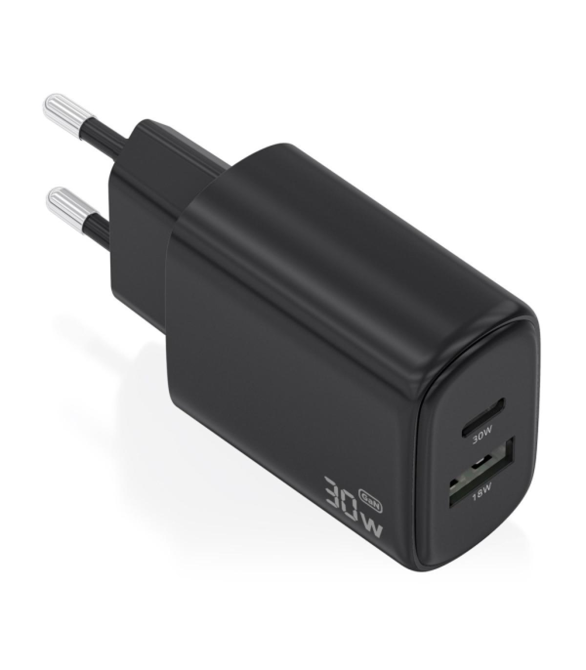 Aisens Cargador GaN 30W - 1xUSB-C PD3.0 QC4.0 - 1xUSB-A QC3.0 - Tecnologia AI - Color Negro