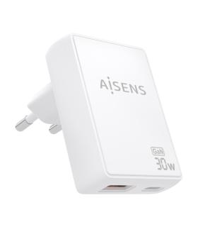 Aisens Cargador GaN Ultra Delgado 30W - 1xUSB-C PD3.0 QC4.0 - 1xUSB-A QC3.0 - Tecnologia AI - Color Blanco