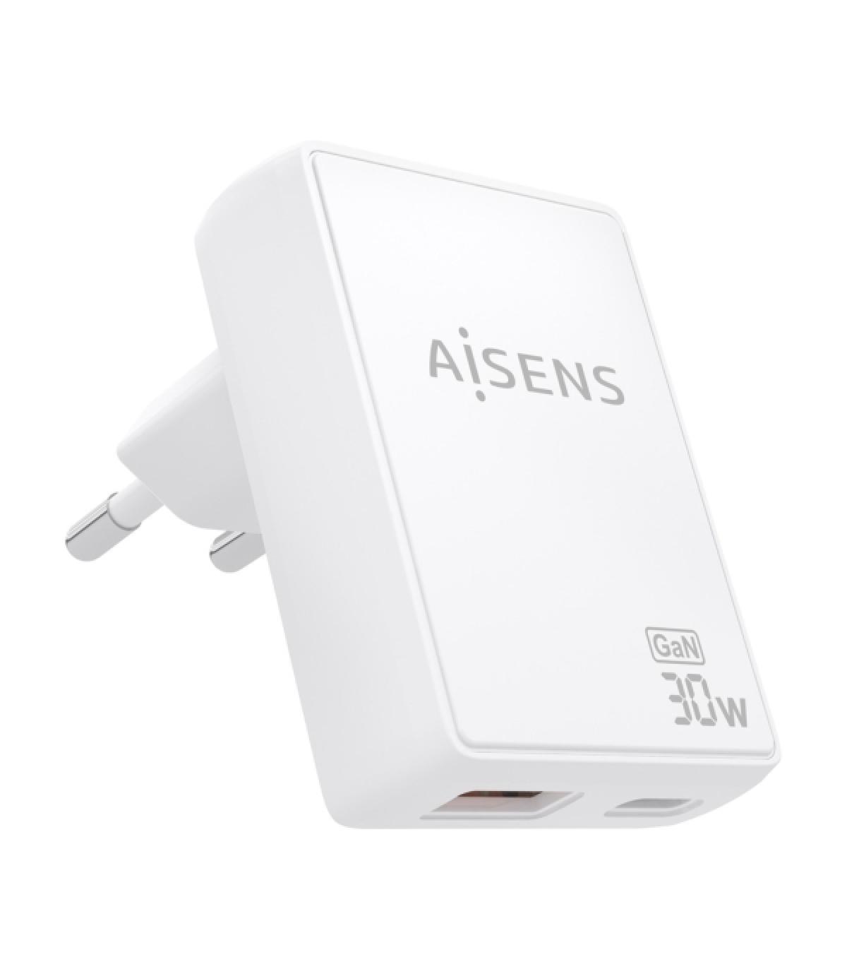 Aisens Cargador GaN Ultra Delgado 30W - 1xUSB-C PD3.0 QC4.0 - 1xUSB-A QC3.0 - Tecnologia AI - Color Blanco