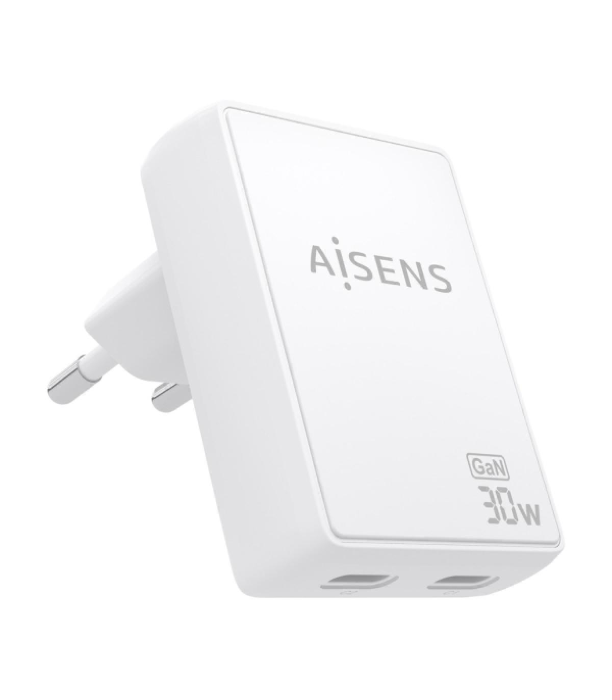 Aisens Cargador GaN Ultra Delgado 30W - 2xUSB-C PD3.0 QC4.0 - Tecnologia AI - Color Blanco