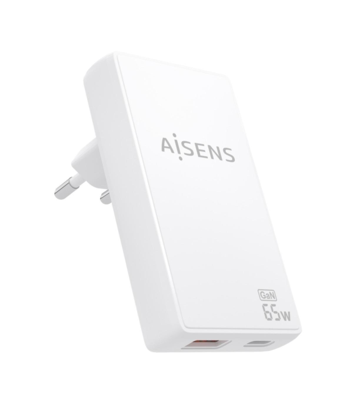 Aisens Cargador GaN Ultra Delgado 65W - 1xUSB-C PD3.0 QC4.0 - 1xUSB-A QC3.0 - Tecnologia AI - Color Blanco