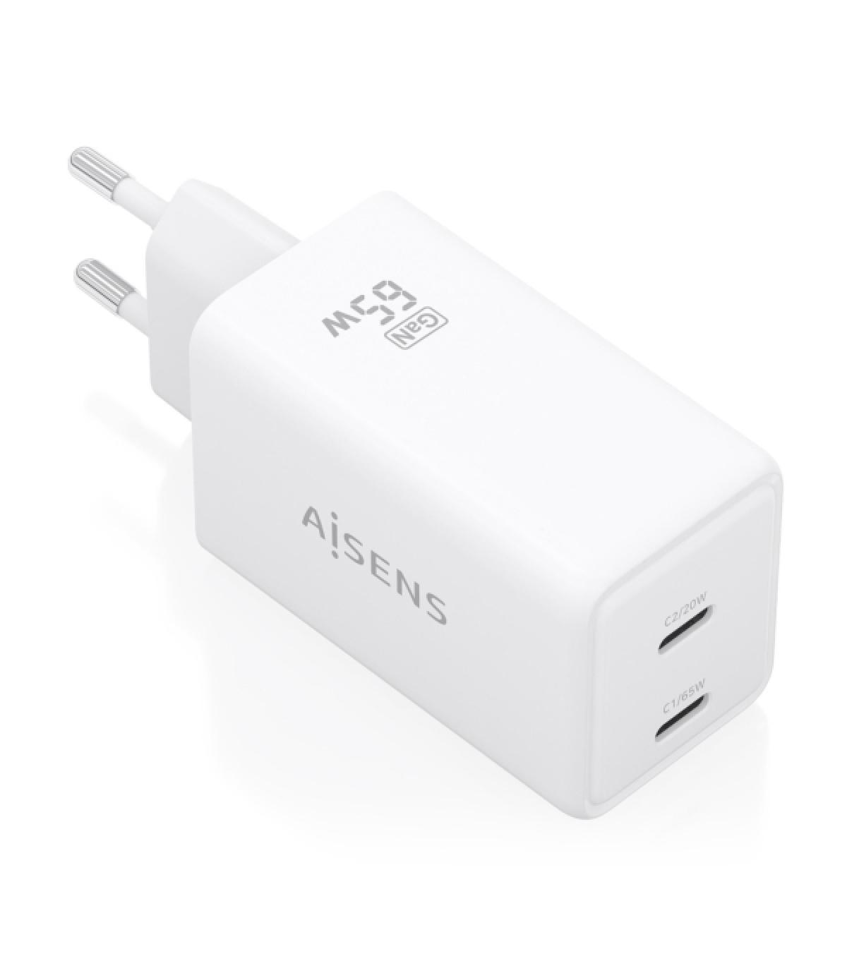 Aisens Cargador GaN 65W - 2xUSB-C PD3.0 QC4.0 - Tecnologia AI - Color Blanco
