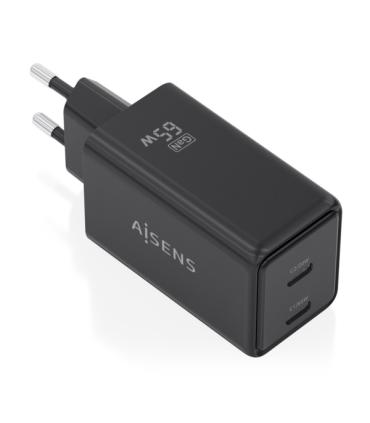 Aisens Cargador GaN 65W - 2xUSB-C PD3.0 QC4.0 - Tecnologia AI - Color Negro
