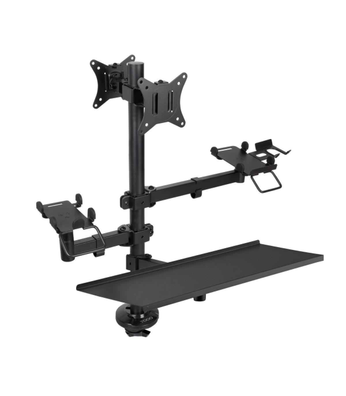 Tooq Soporte de Mesa para 2 Monitores de 17"-32" + Soportes para Impresora TPV, Lector de Codigos, Datafono + Bandeja para Tecla