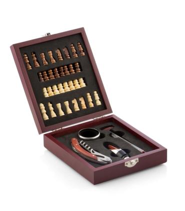 Innovagoods Set de 5 Accesorios para Vino con Juego de Ajedrez Completo - Material Madera y Acero Inoxidable - Ideal para Regala