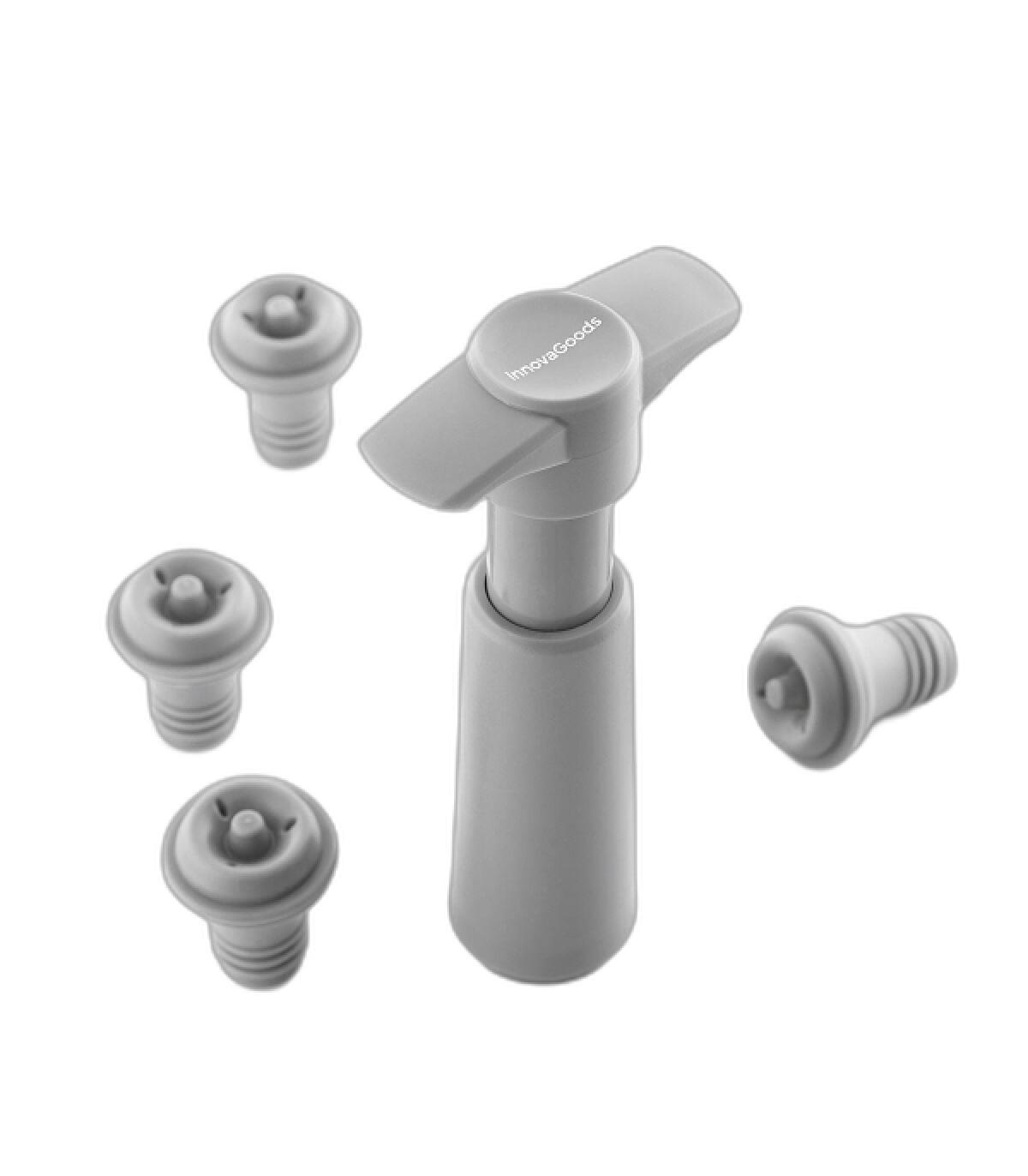 Innovagoods Winuum Bomba Manual de Vacio y Tapones para Vino - Incluye 4 Tapones Reutilizables - Evita Oxidacion Del Vino - Comp