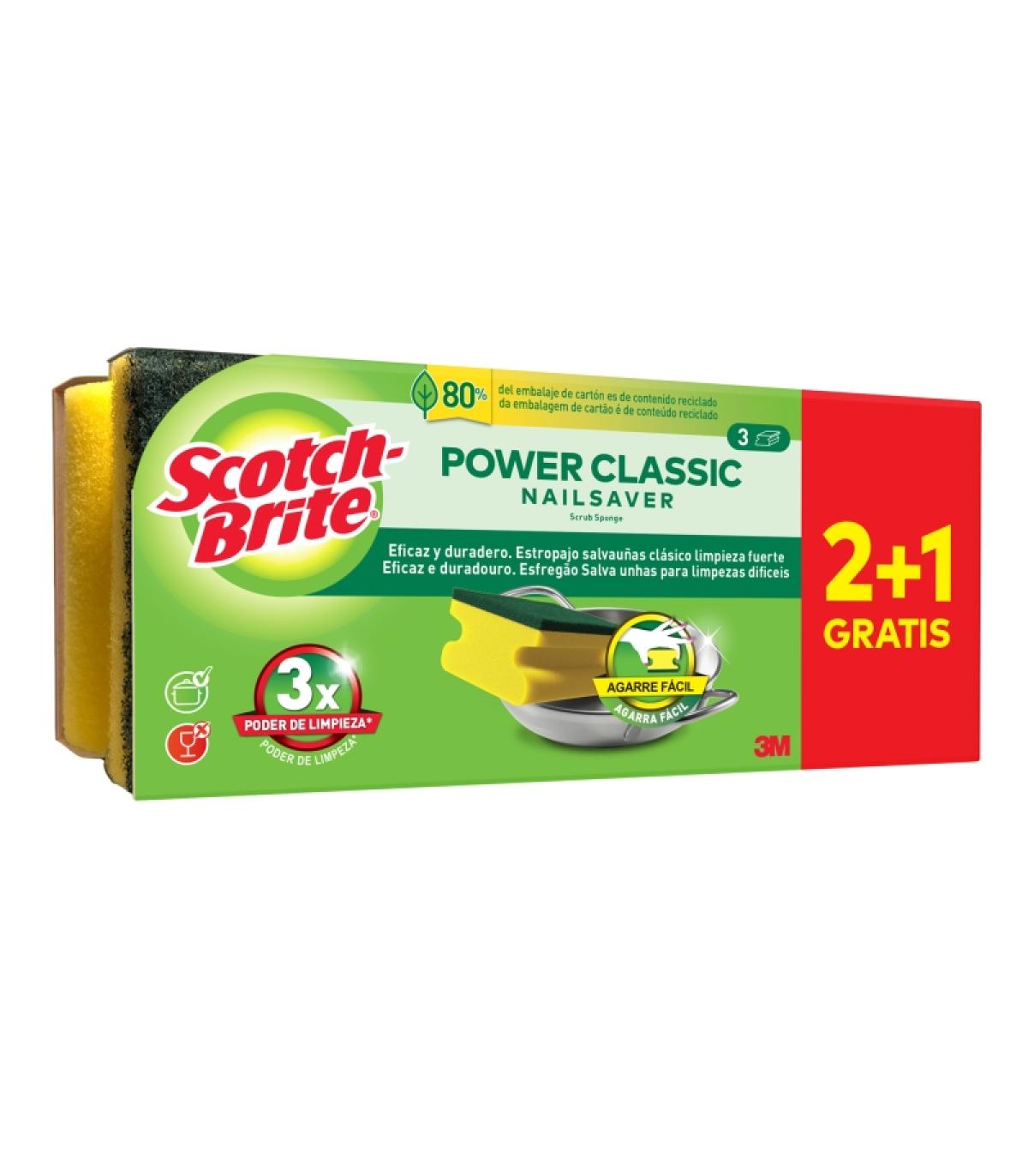 Scotch-Brite Classic Pack de 3 Estropajos de Cocina - Proteccion para los Dedos - Promocion 2 + 1 Gratis - Color Amarillo