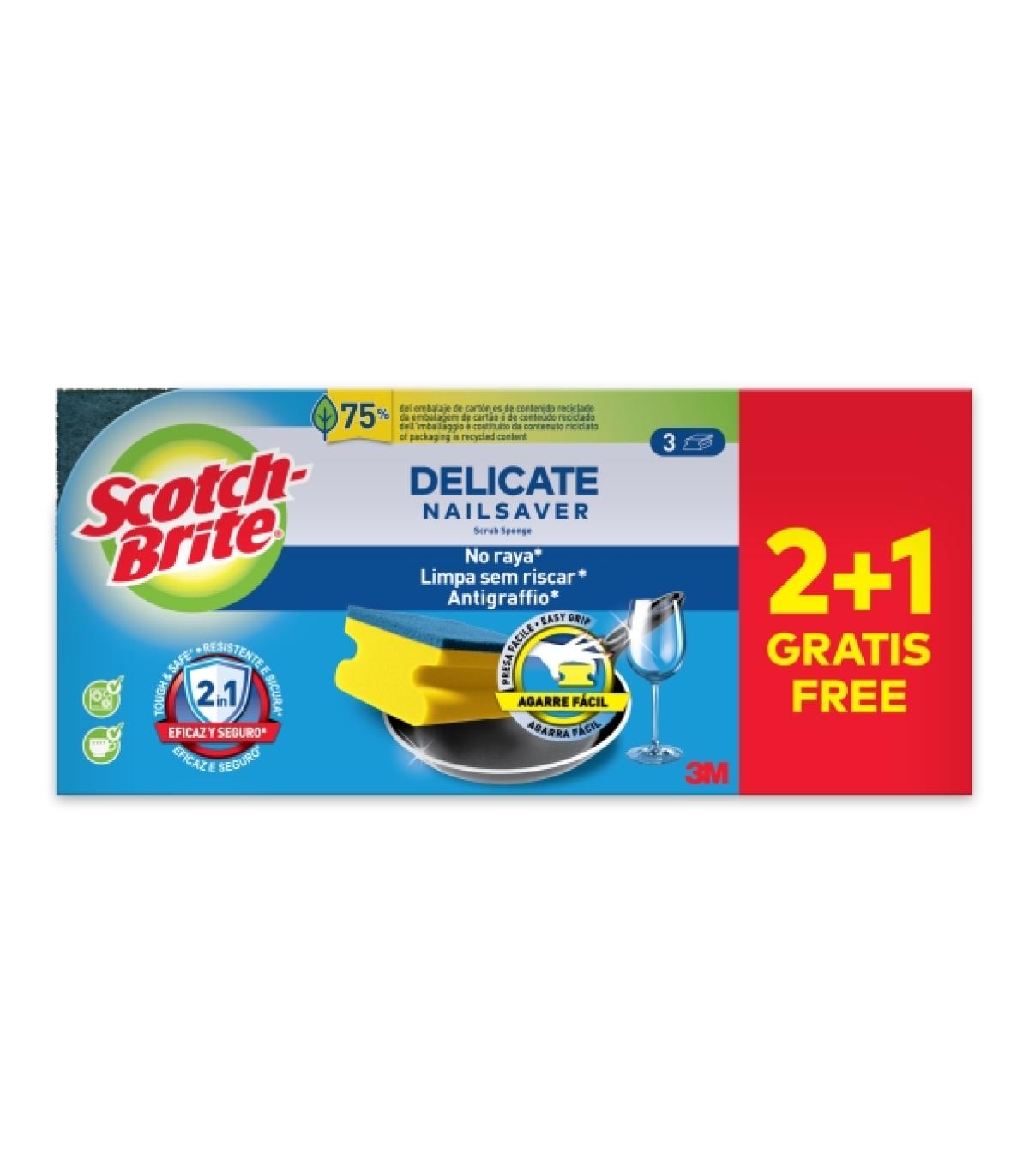 Scotch-Brite Delicate Pack de 3 Estropajos de Cocina - Proteccion para los Dedos - Promocion 2 + 1 Gratis - No Raya - Color Amar