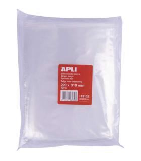 Apli Pack de 100 Bolsas Zip Auto Cierre Transparentes 220x310mm - Material LDPE - Cierre Seguro y Facil Manipulacion - Aptas..