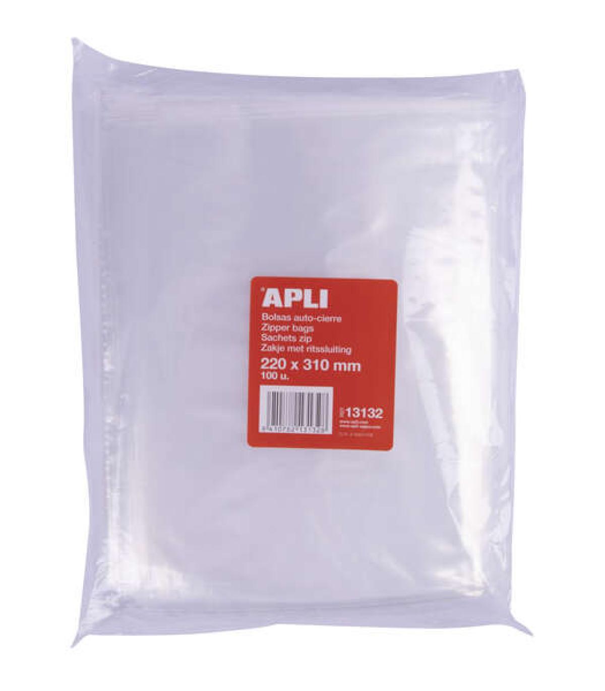Apli Pack de 100 Bolsas Zip Auto Cierre Transparentes 220x310mm - Material LDPE - Cierre Seguro y Facil Manipulacion - Aptas..
