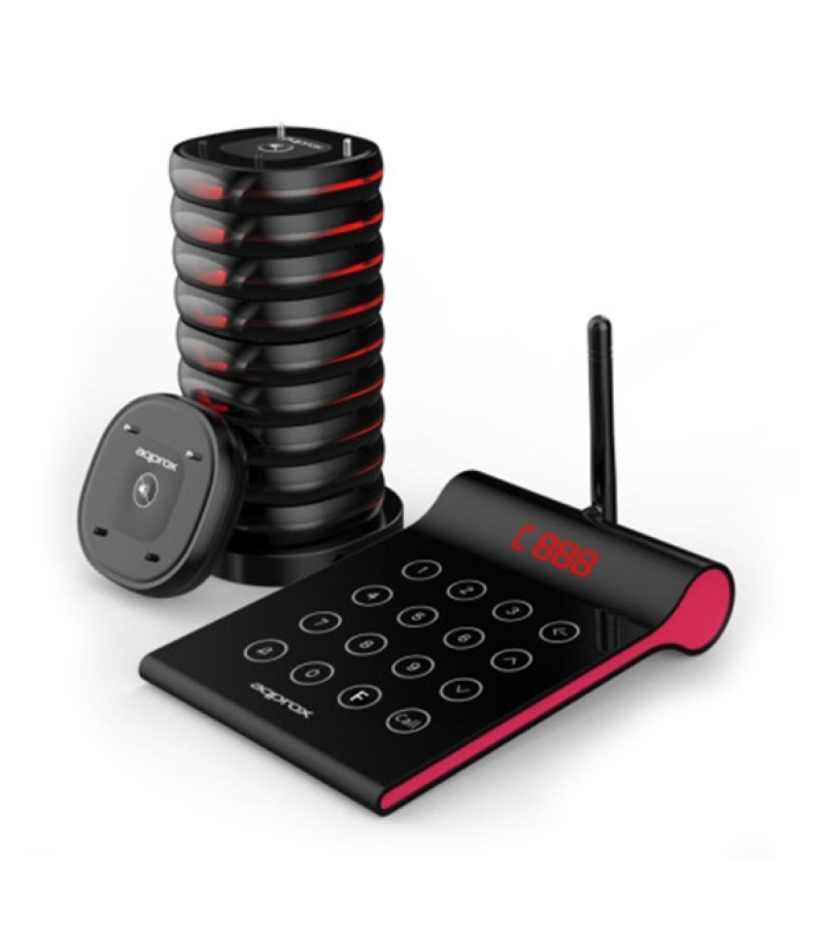 Approx Customer Caller Kit Avisador de Clientes - Base de Carga - 10 Unidades - 400m Alcance - Transmisor con Teclado Tactil ..