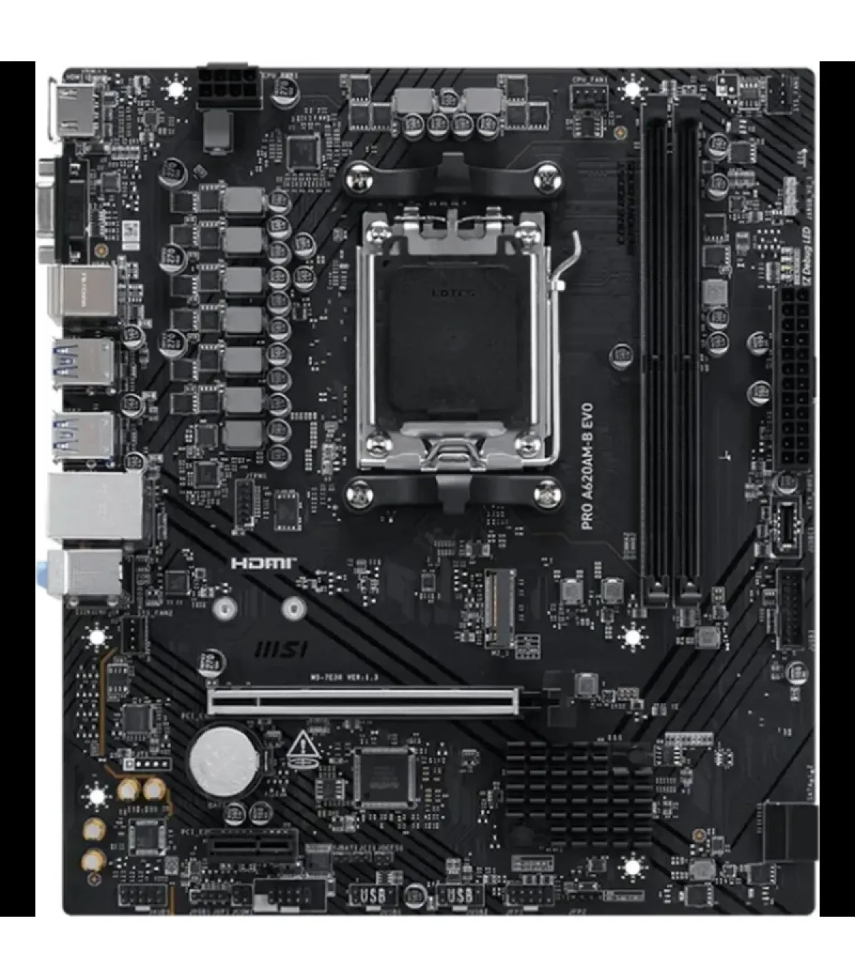 PLACA MSI PRO A620AM-G EVO WIFI,AMD,AM5,A620,2DDR5,128GB,DP+HDMI,2.5GBLAN+WIFI6E+BT5.3,4SATA6+2XM.2,7USB3.2,MATX