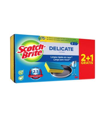 Scotch-Brite Delicate Pack de 3 Estropajos de Cocina - Promocion 2 + 1 Gratis - No Raya - Color Amarillo