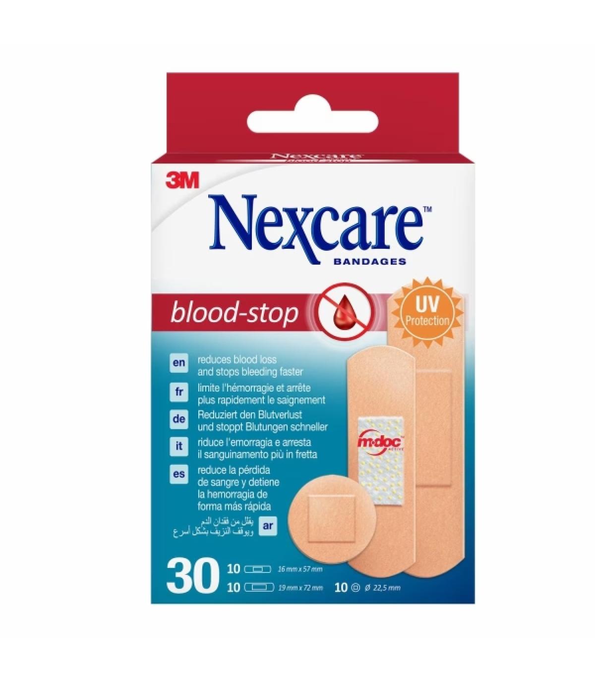 Nexcare Blood-Stop Pack de 30 Apositos Surtidos - Resistente al Agua - Mayor Rapidez Deteniendo Hemorragias - Color Piel