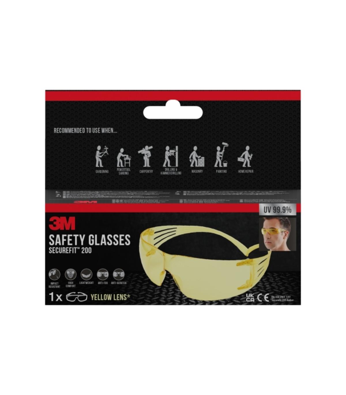 3M Securefit Gafas de Seguridad - Lentes Amarillas - Mejor Contraste en Poca Luz - Antivaho - Antirrayaduras - Proteccion UV ..