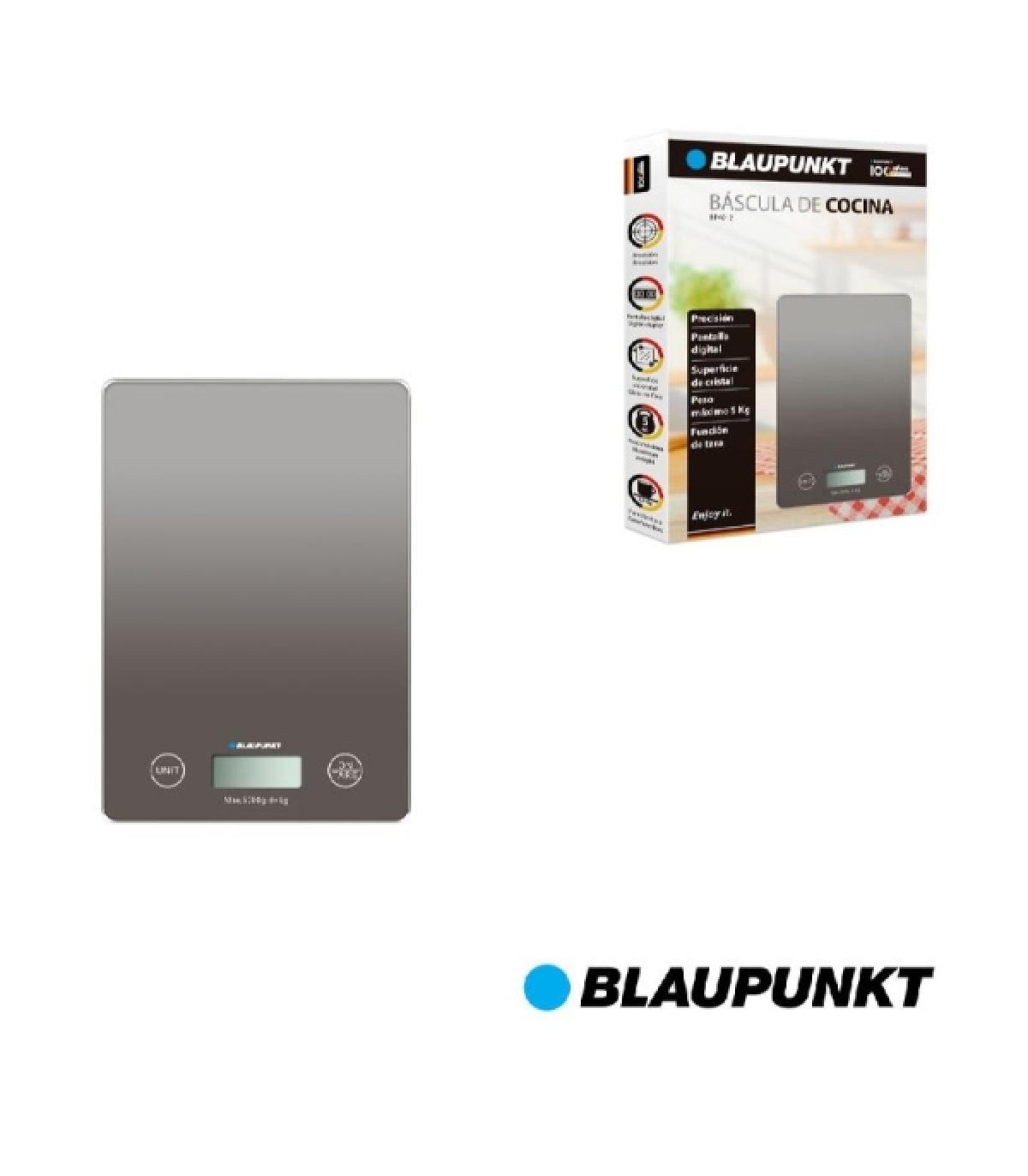 Blaupunkt BP4012 Bascula de Cocina Digital 5kg con Plataforma de Cristal - Pantalla LCD Retroiluminada - Funcion Tara - Alta Pre