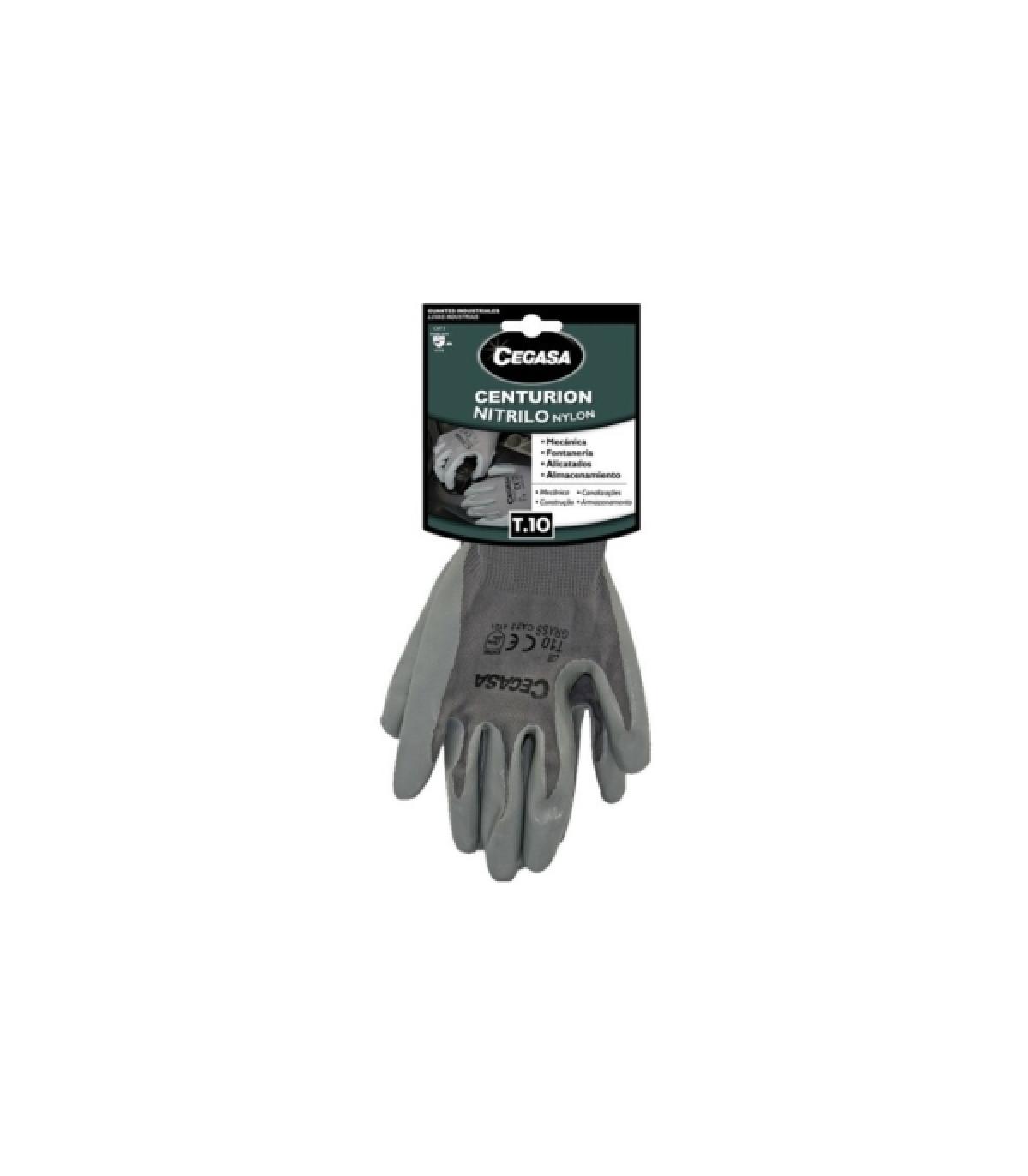 Cegasa Centurion Guantes de Trabajo Talla 10 - Fabricados en Nylon con Recubimiento de Nitrilo en Palma y Dedos - Color Gris
