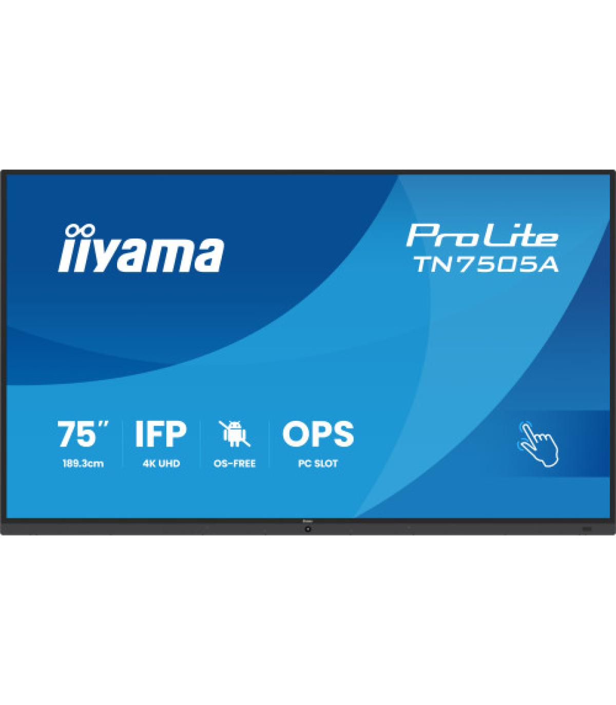 IIYAMA 75" IFP OS-FREE, 40-PTSIR+ WITH,AG / BACTERIA COATING UHD MM 2X20W FRONT+20W SBUW, VGA, HDMI 2X, DP, USB-C 65W PD, PC SLO